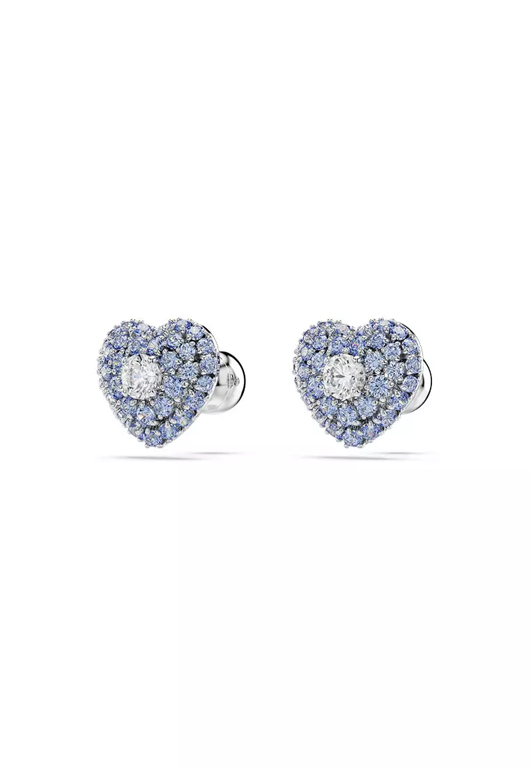 Hyperbola stud earrings, Heart, Blue, Rhodium plated
