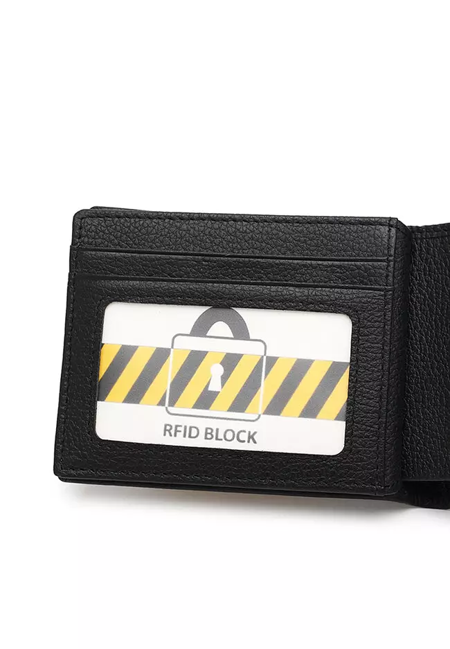 Genuine Leather RFID Blocking Short Wallet - Black