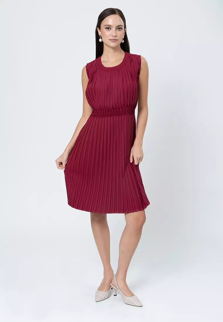 Isolde Pleated Sleeveless Shift Dress with Embroidery Waist Detail