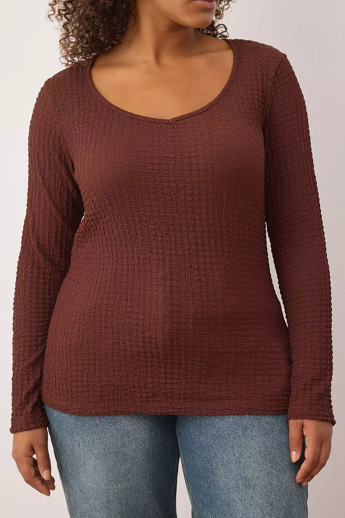 Brown Seersucker Textured Fabric Knitted Plus Size Blouse Tbbaw26Af00034