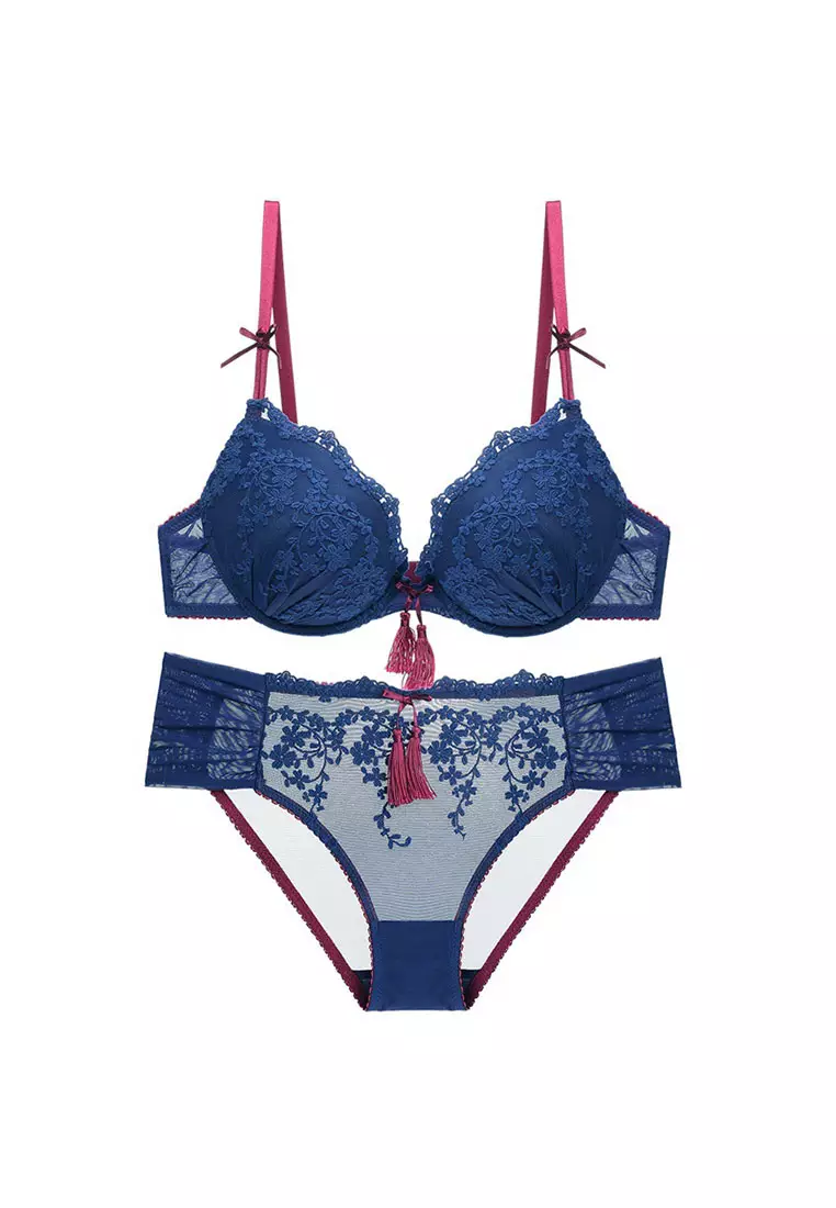 Buy ZITIQUE Women's Deep V Push Up Lace Lingerie Set (Bra And Underwear) -  Blue 2023 Online