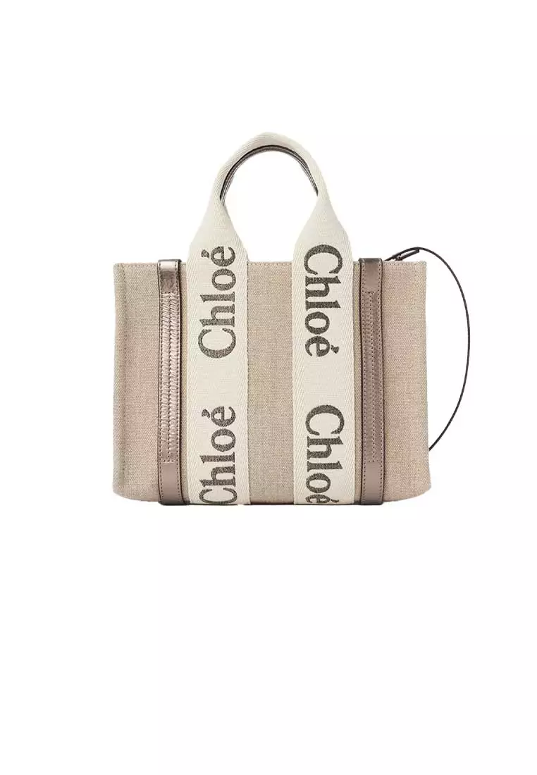 Small Woody Tote Bag In Linen And Leather Shiny Gray CHC25SS397O81074