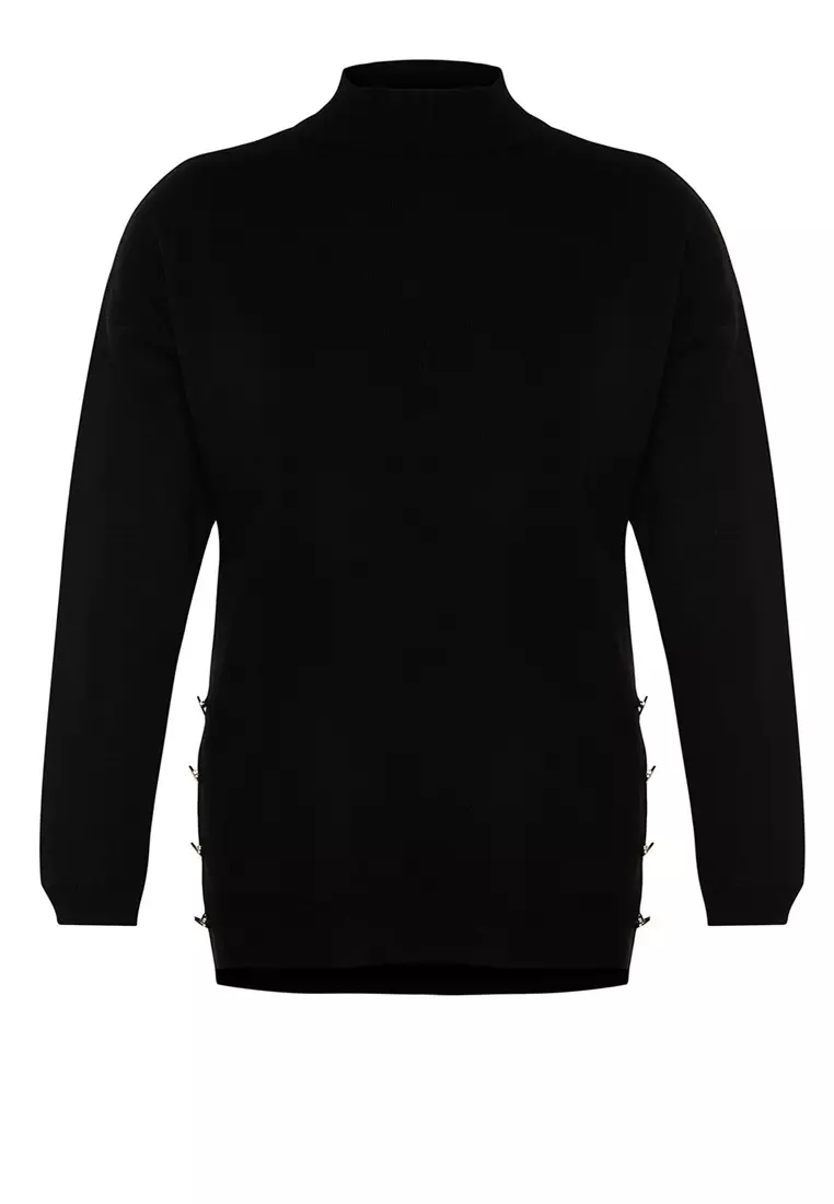 Black Button Detailed Turtleneck Knitwear Sweater Tbbaw24An00076