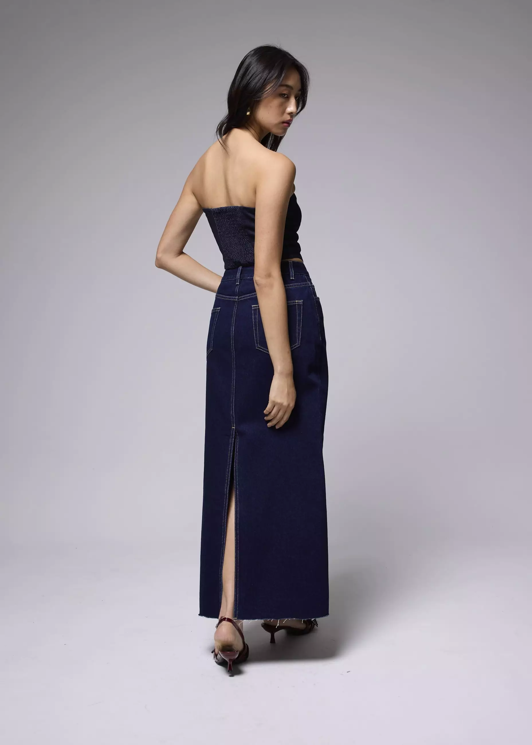 Rok Wanita - Denim Mid Waist A-line Maxi Skirt