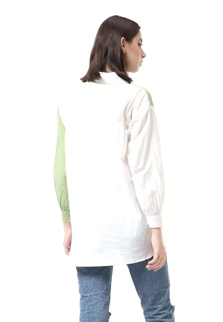 Brielle Atasan Wanita Kemeja Lengan Panjang Model Dua Warna Shirt Two Tone Material Cotton ORIGINAL - Mint White