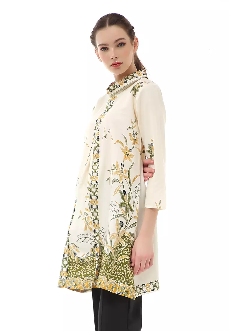 Olaf Atasan Batik Wanita Tunik Traditional Motive Elegant Design Material Cotton ORIGINAL - White Green