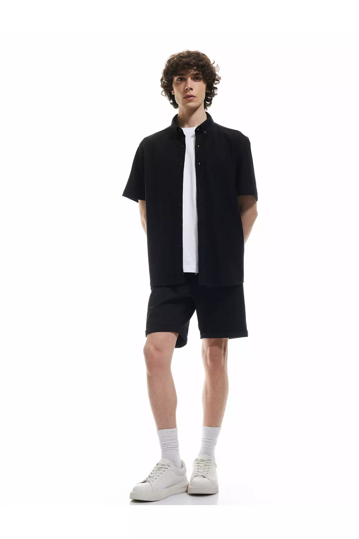 Bermuda Pique Fabric Pleated Waist Lace Up Shorts