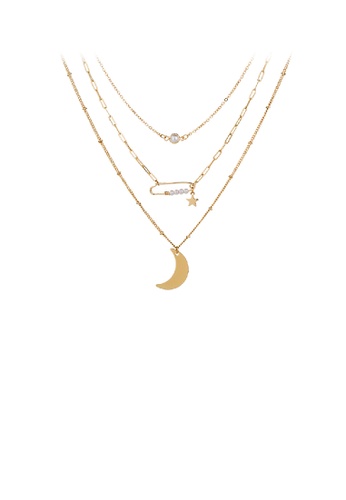 Glamorousky white Fashion Simple Plated Gold Moon Star Pendant with Imitation Pearls and Multilayer Necklace A862EAC74C4814GS_1
