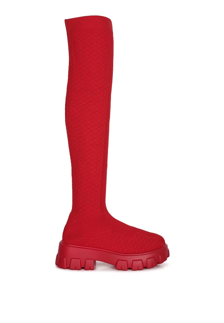 Red Stretch Knit Knee High Boots