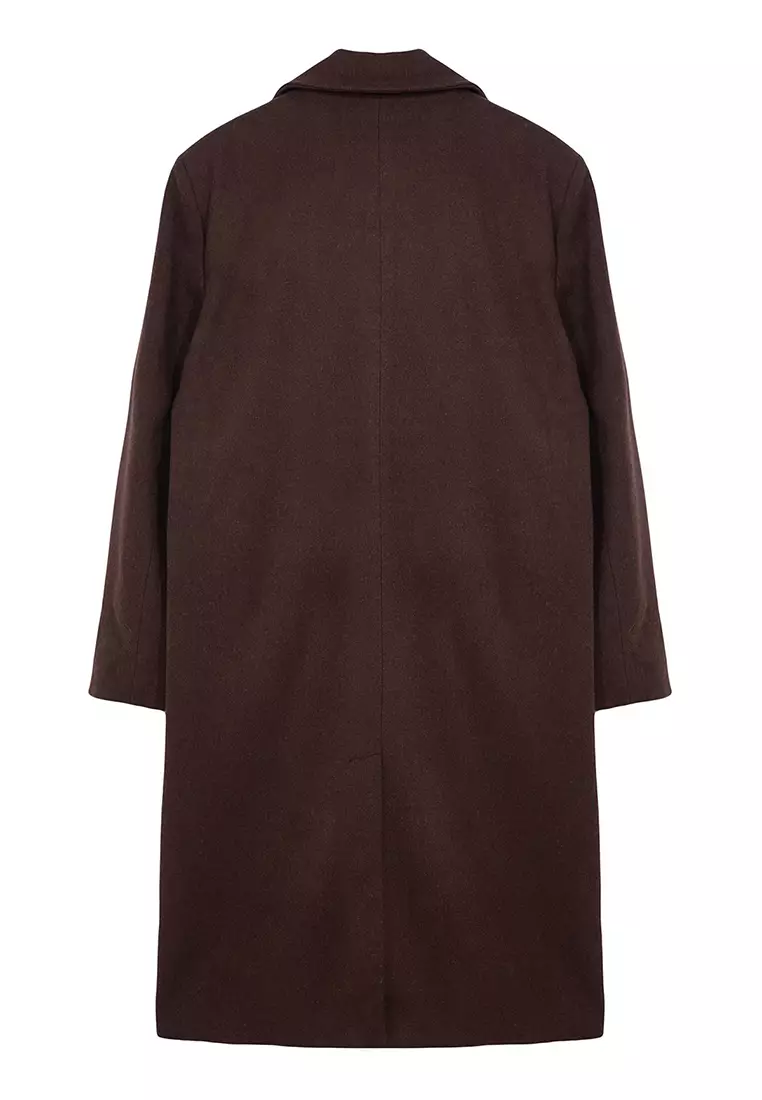 Brown Loose Fit Double Breasted Long Stitched Winter Coat TMNAW23KB00003