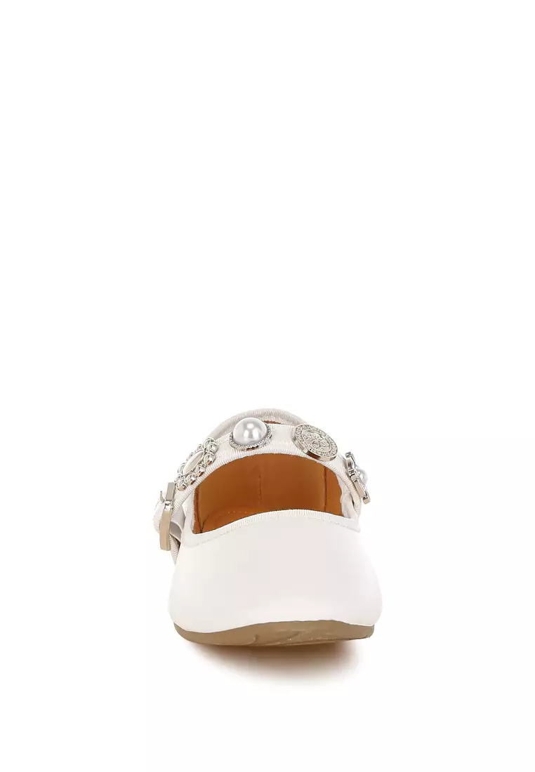 Charms Embellished Flat Mary Janes in White
