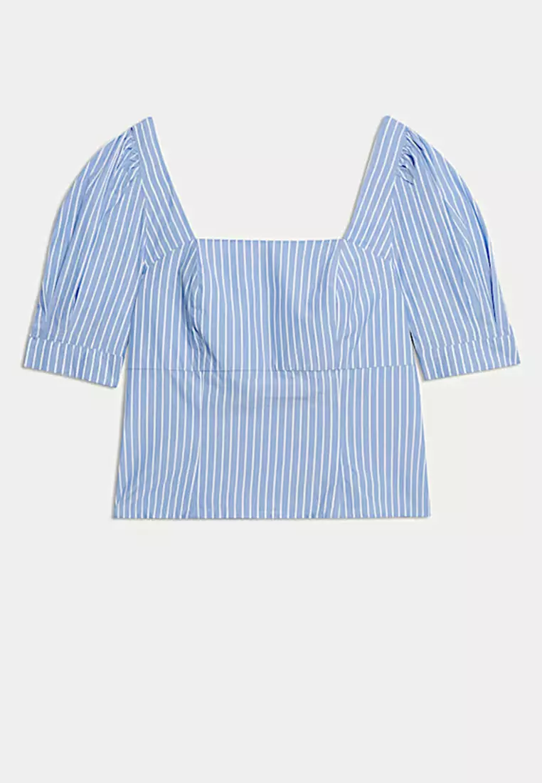 Pure Cotton Striped Square Neck Slim Fit Top
