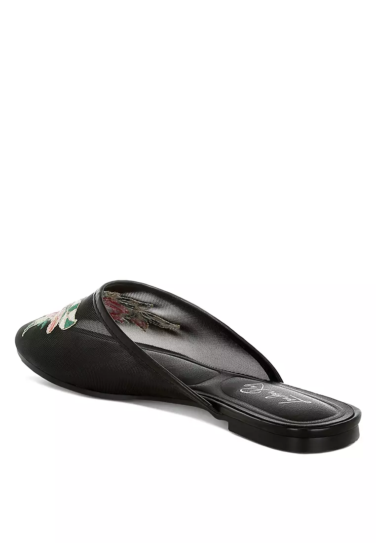 Floral Embroidered Mesh Mules in Black