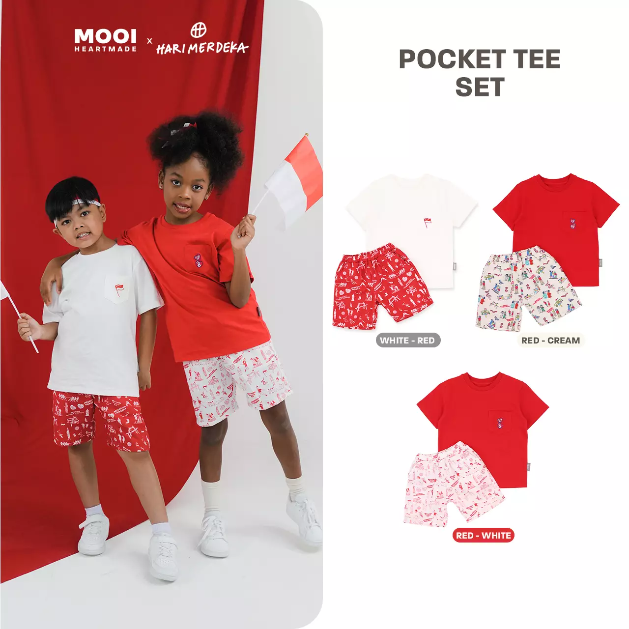 Mooi x Hari Merdeka 17 Agustus Kaos Kemerdekaan Setelan Anak Pocket Tee Set Kemerdekaan - Red-Cream