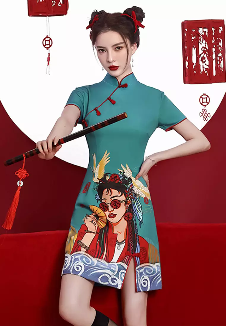 Summer new fashion printed girl s cheongsam dress CA122721GR