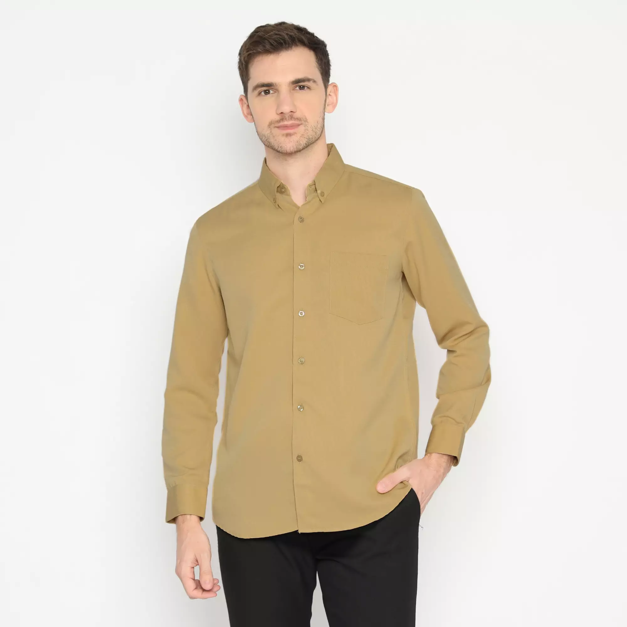 Platini Baju Kemeja Pria Lengan Panjang Polos Polinosic Kuning Gading 66113