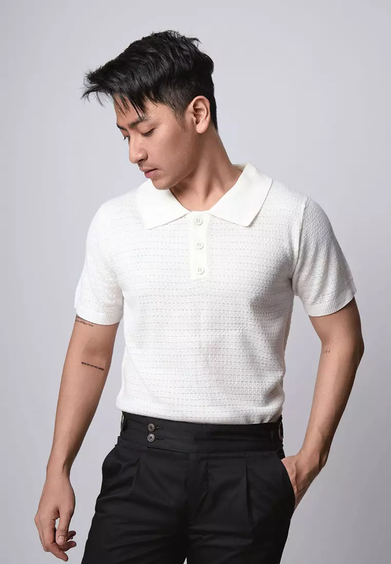 Polo Shirts Textured Knitted Off White