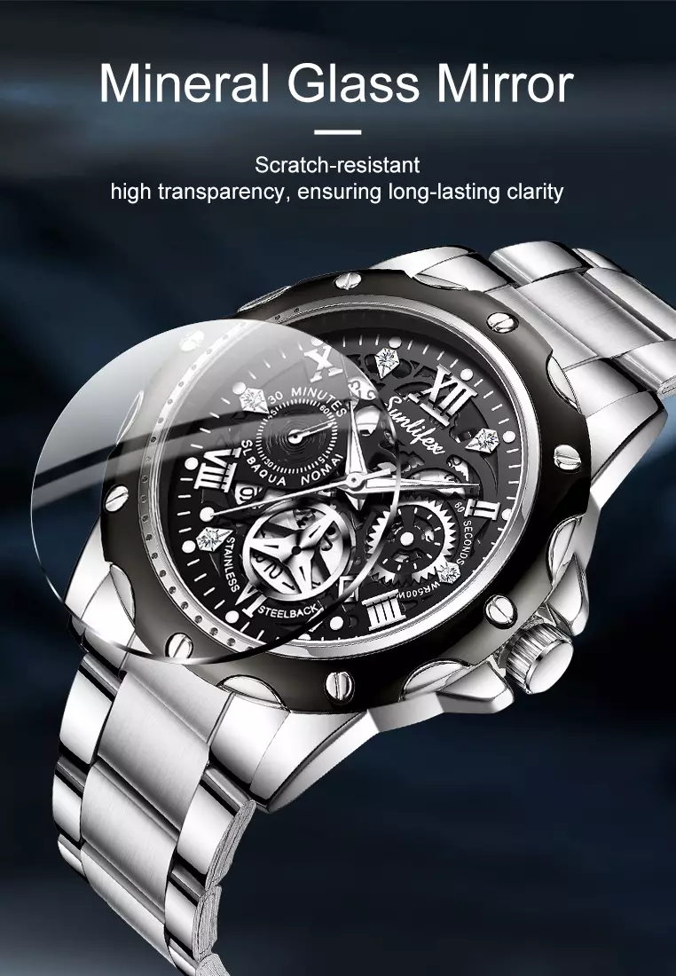 Jam Tangan Pria Kuarsa Luminous Tanggal Kasual Tali Stainless Steel Jam Tangan Cowok 8080 Silverblack