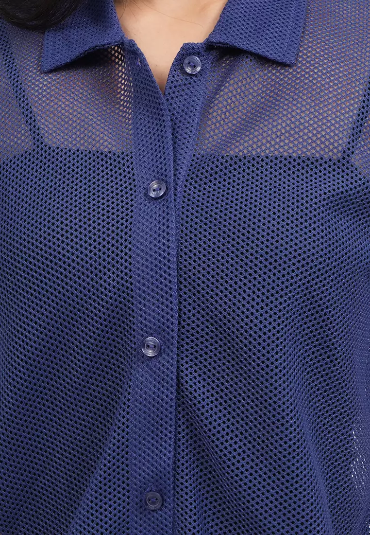 Short Sleeve Button Up Mesh Top