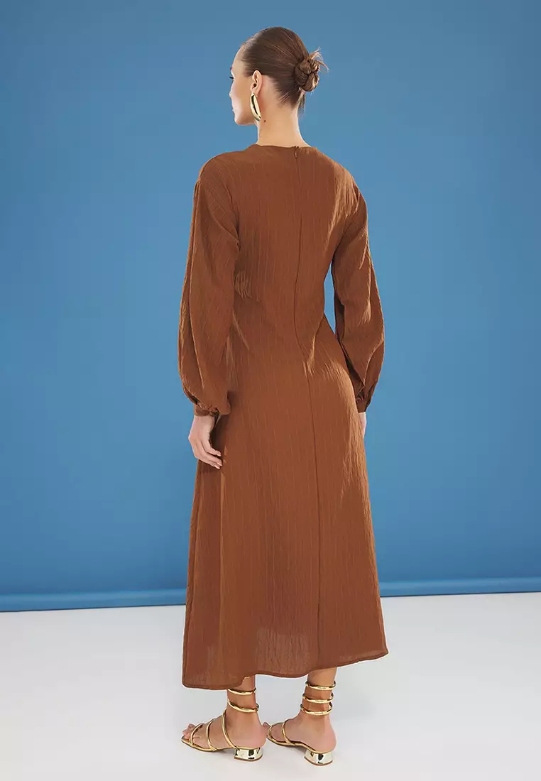Brown Front Tie Woven Dress TCTSS24EB00131