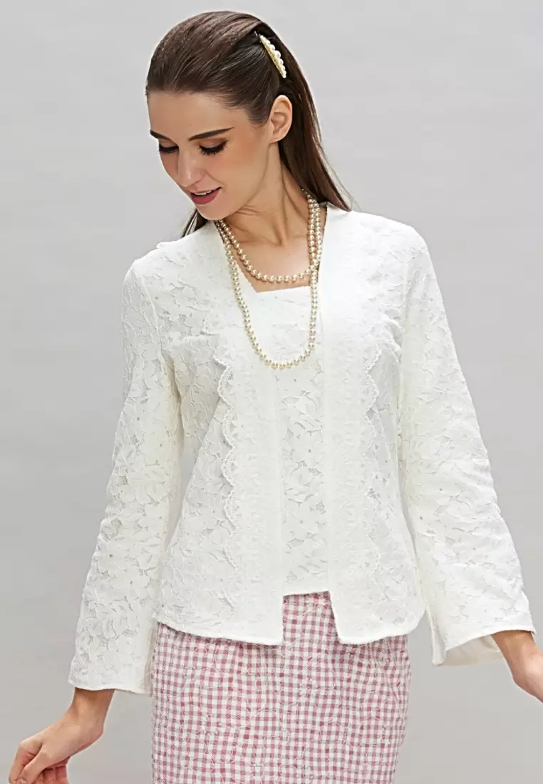 White Lace Kebaya & Pink Checkered Embroidery Maxi Skirt