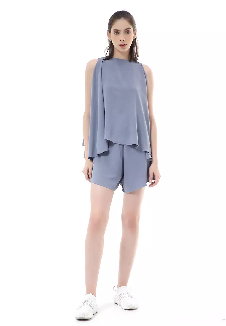 Nayra One Set Setelan Wanita Sleeveless Blouse with Short Pants Plain Motive Material Crepe Crinkle ORIGINAL - Bluegray