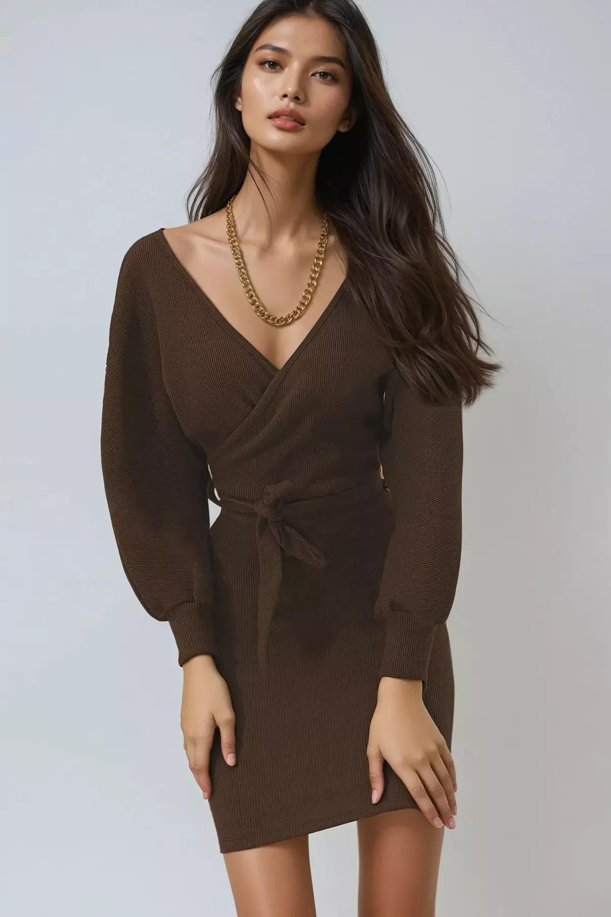 Women's Dark Brown Double-Breasted Batwing Sleeve Waist Belted Camisole Dress Alc-X7623