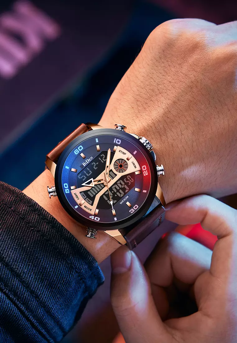 Jam Tangan Pria Olahraga Dual Movement Tampilan Tanggal Chronograph Anti Air Kuarsa Tali Kulit