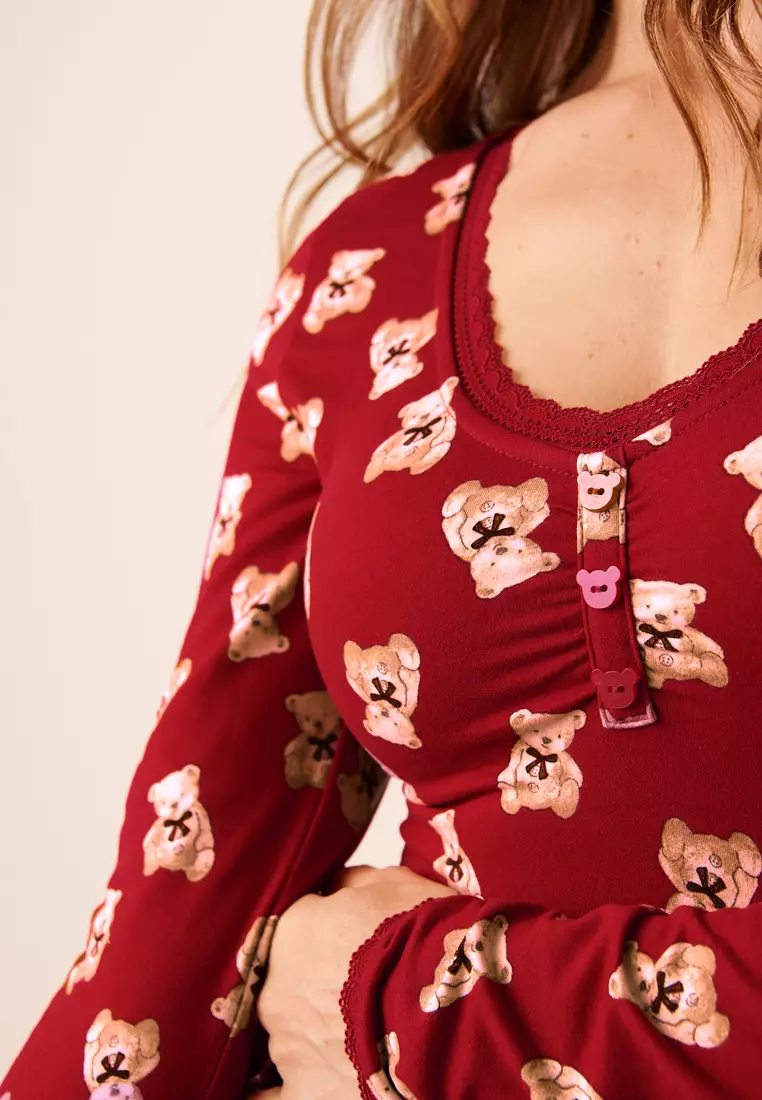 Teddy Bear Print Super Soft Long Sleeve Crop Top