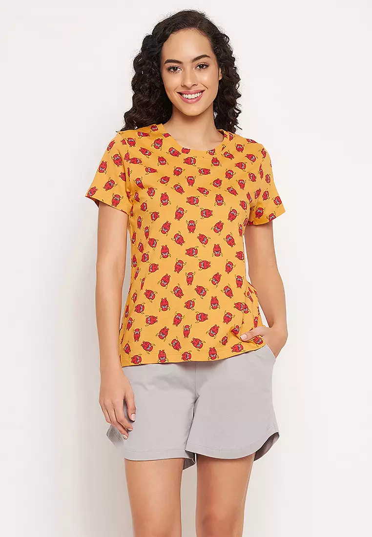 Buy Clovia Clovia Emoji Print Top Solid Shorts in Mustard Grey
