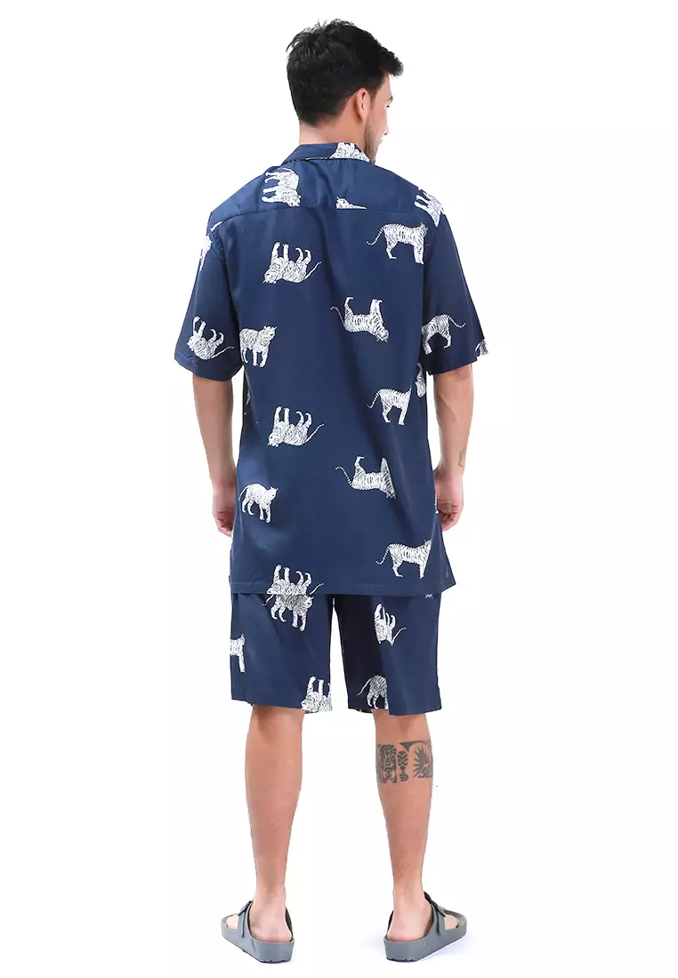 Klicin Setelan Baju Tidur Piyama Pria Motif Macan One Set Sleepwear Pajamas Material Rayon ORIGINAL