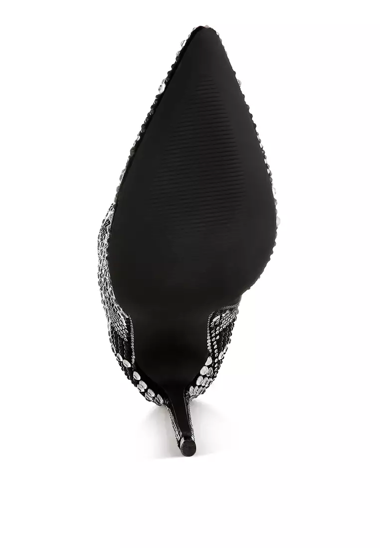 Rhinestones Studded Stiletto Heel Boots in Black