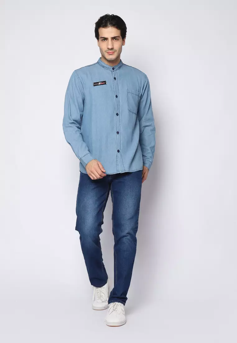 Kemeja Denim Glorys Krah Mandarin KT L/S Light Blue 182503