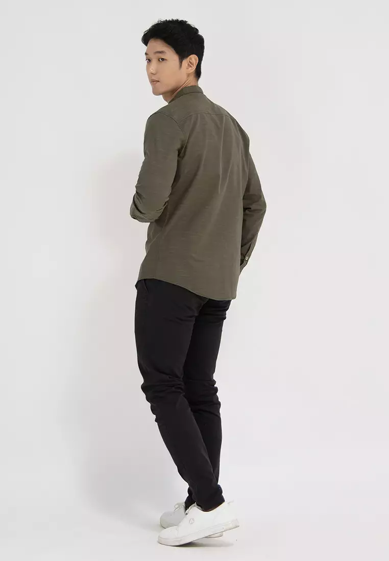 Kemeja collarless koko Slub sage OXCON dark sage