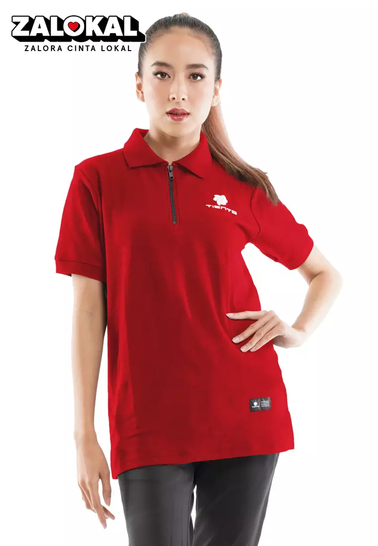 Tiento Women Polo Shirt True Basic HDC Red Baju Tenis Kaos Kerah Resleting Lengan Pendek Pakaian Wanita