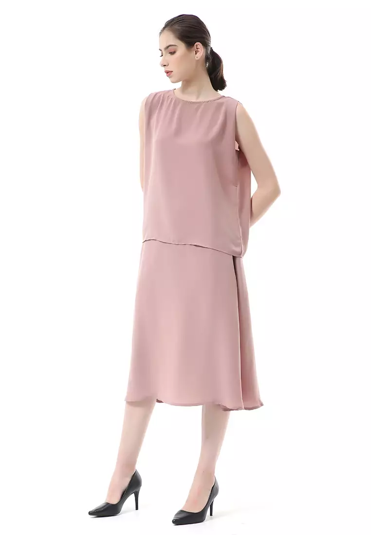Nayra Set Atasan Wanita Setelan Tanpa Lengan with Long Skirt Motif Polos Material Chiffon Cathy ORIGINAL - Rose