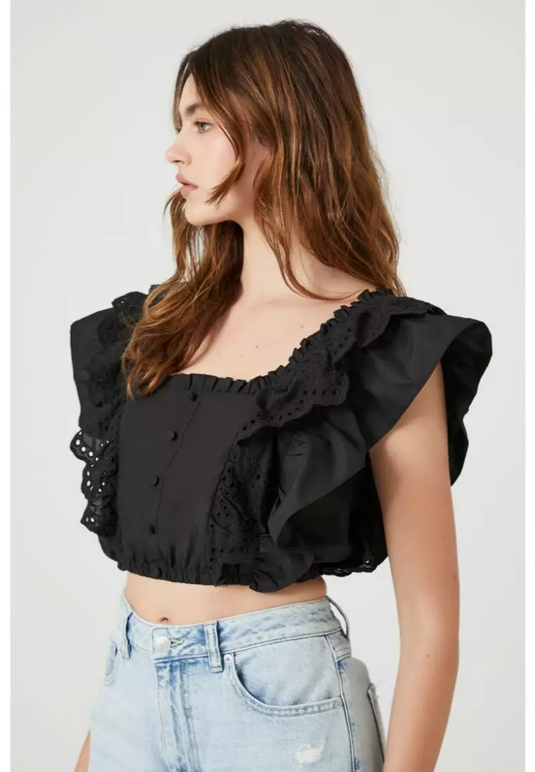 Poplin Ruffle Trim Crop Top