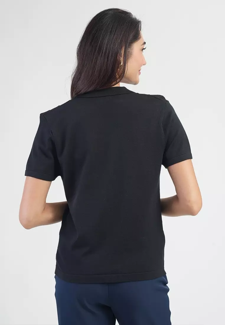 Maren Short Sleeves Polo Neck Diamond Knit Zip Top
