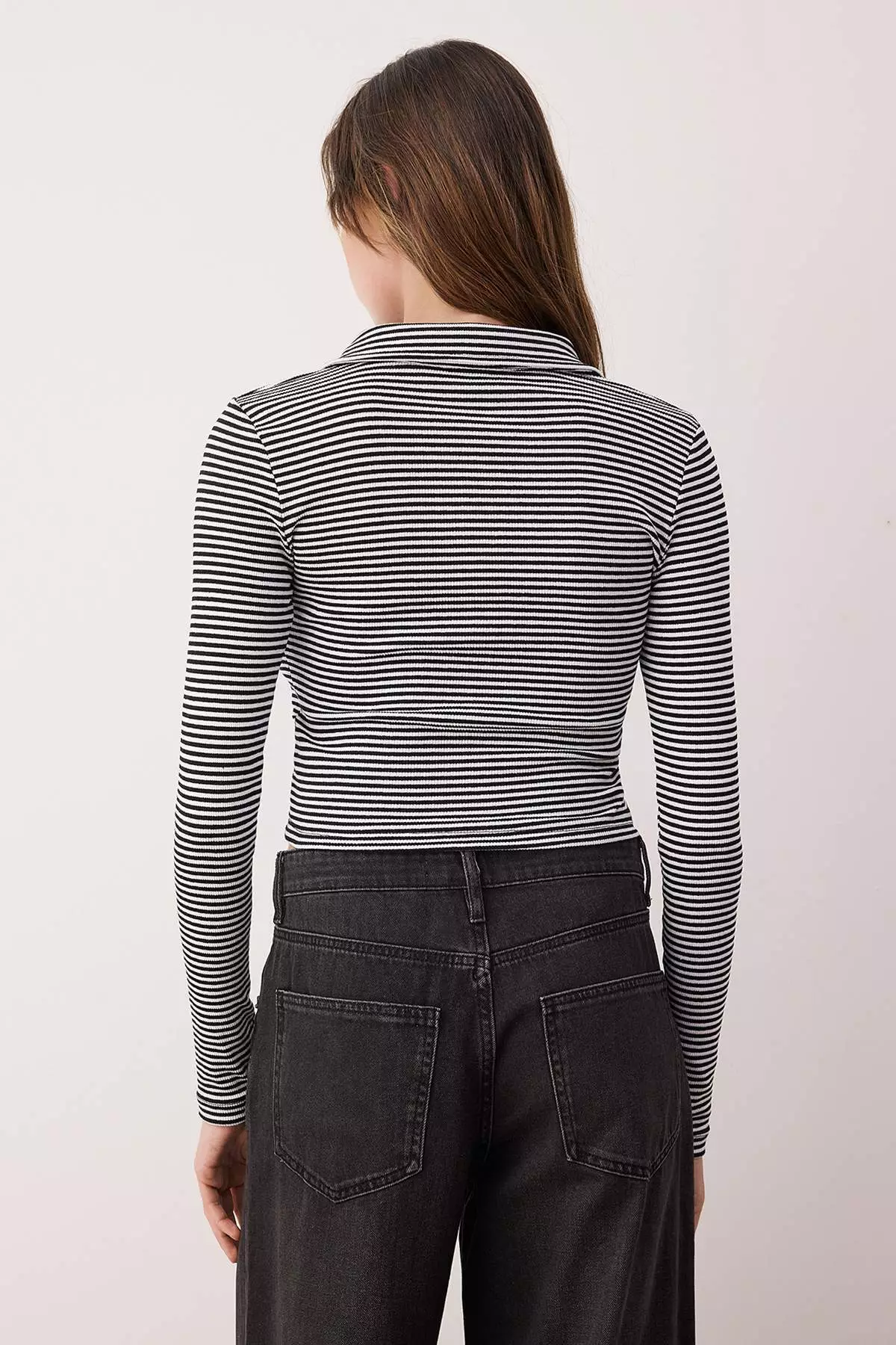 Black Striped Button Detailed Crop Polo Collar Ribbed Flexible Knit Blouse