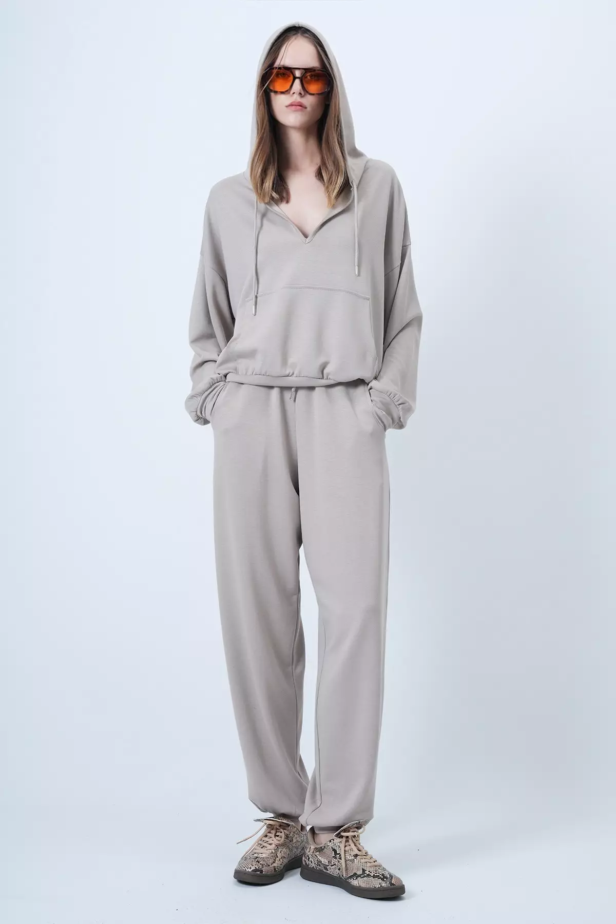 Stone Hooded V-Neck Oversize Modal Sweatshirt And Trousers Set Alc-X14646