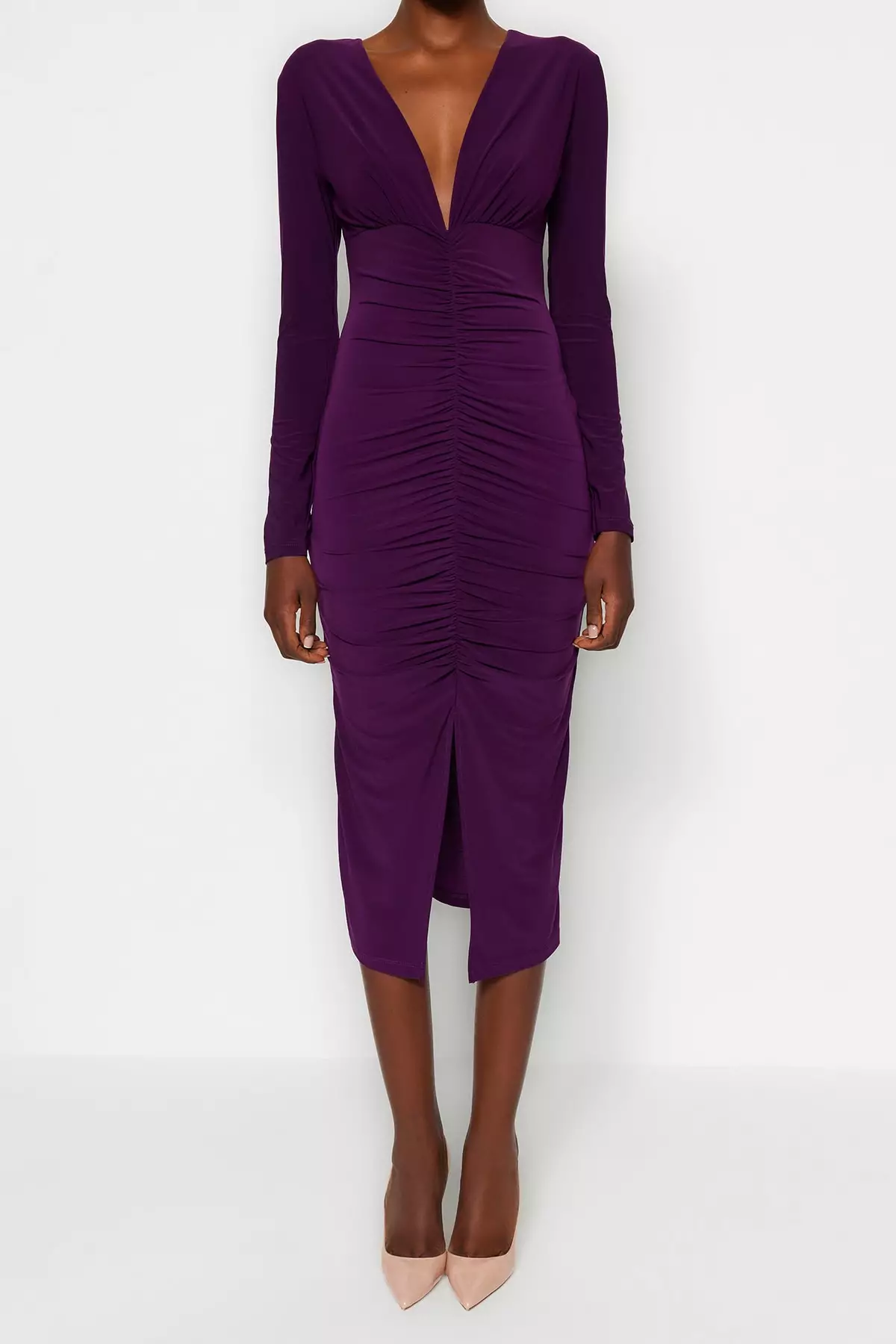 Plum Draped V Neck Fitted Flexible Midi Knitted Dress