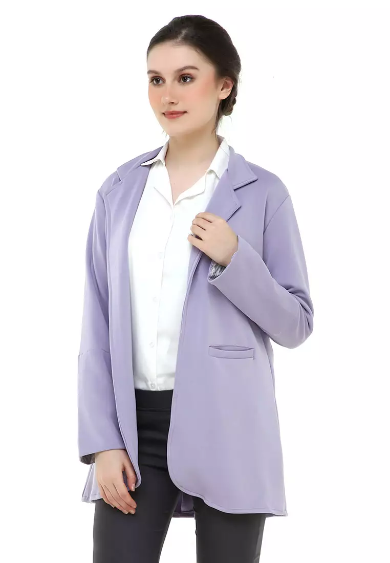 Qemsya Blazer Wanita Two Pockets Two Tone Casual Longsleeve Outer Material Bubbly Strecth ORIGINAL - Lilac