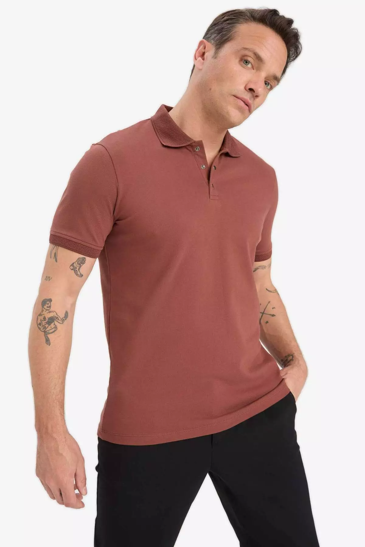 Slim Fit Slim Fit Polo Neck Short Sleeve Textured Basic Solid T-Shirt T5259Az25Sm