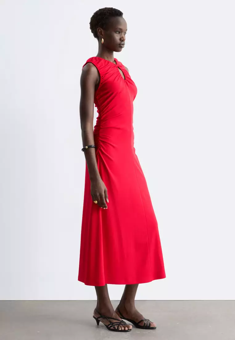 Ruched Keyhole-Neck Midi Dress