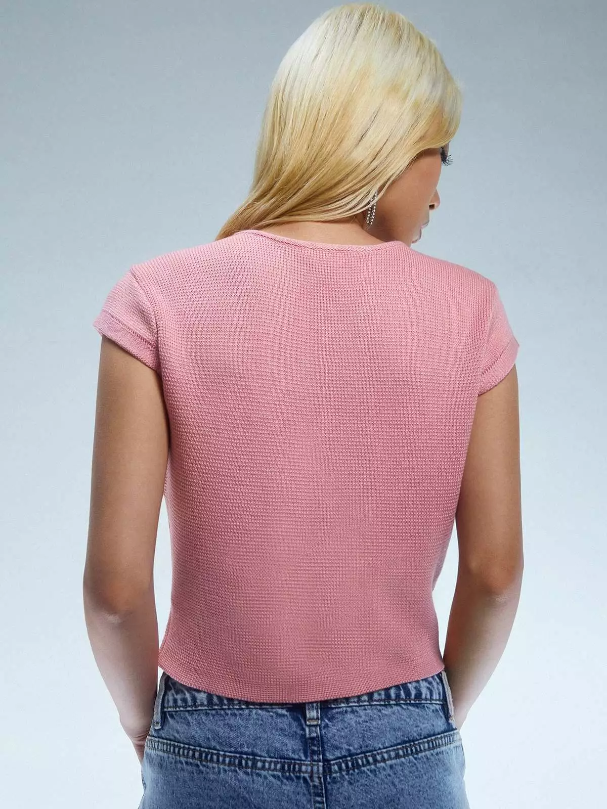 Knitted Crop Button Top - Light Pink