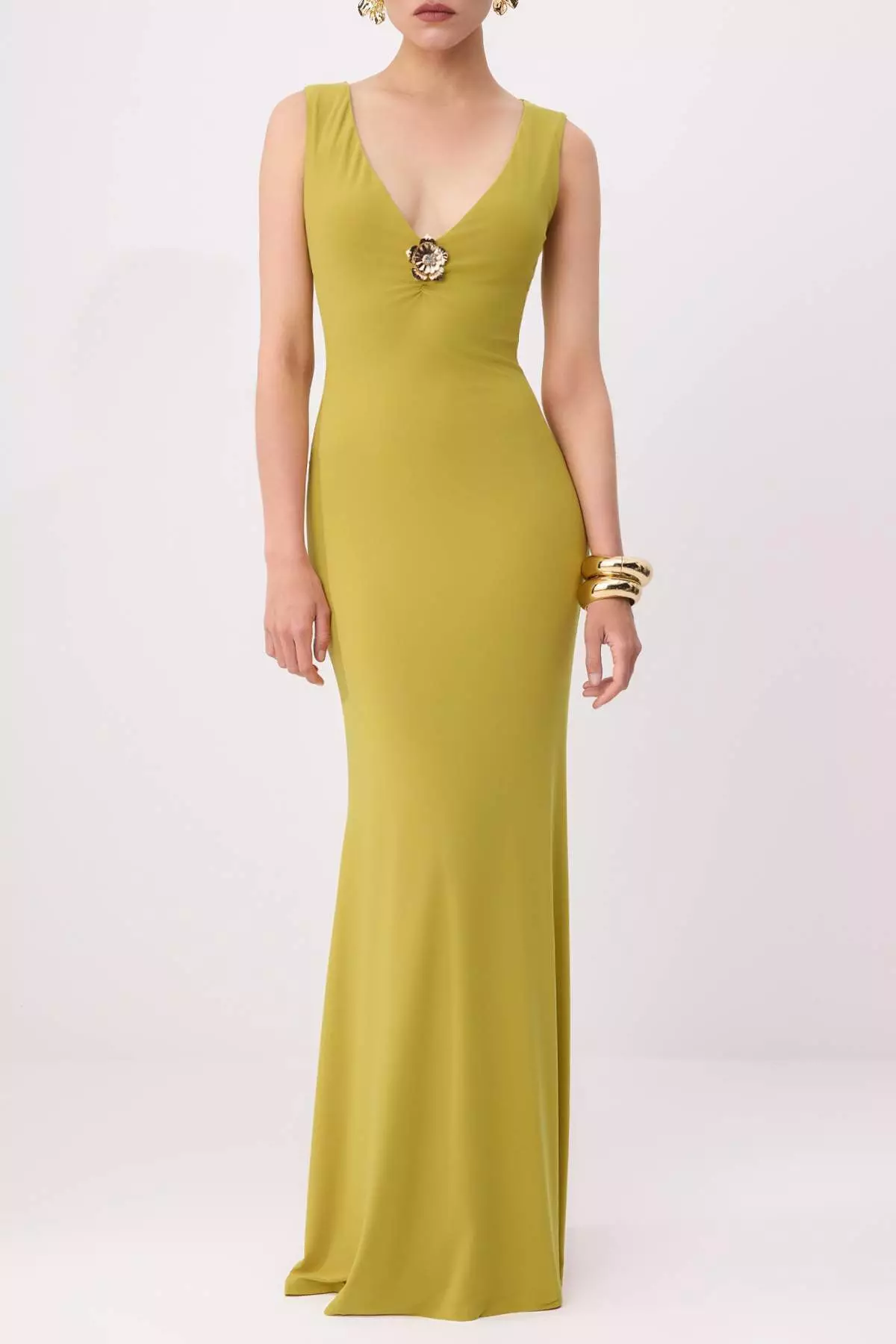 Oil Green Plain Straight Cut Accessory Detail Knitted Sandy Maxi Evening Dress & Graduation Dress