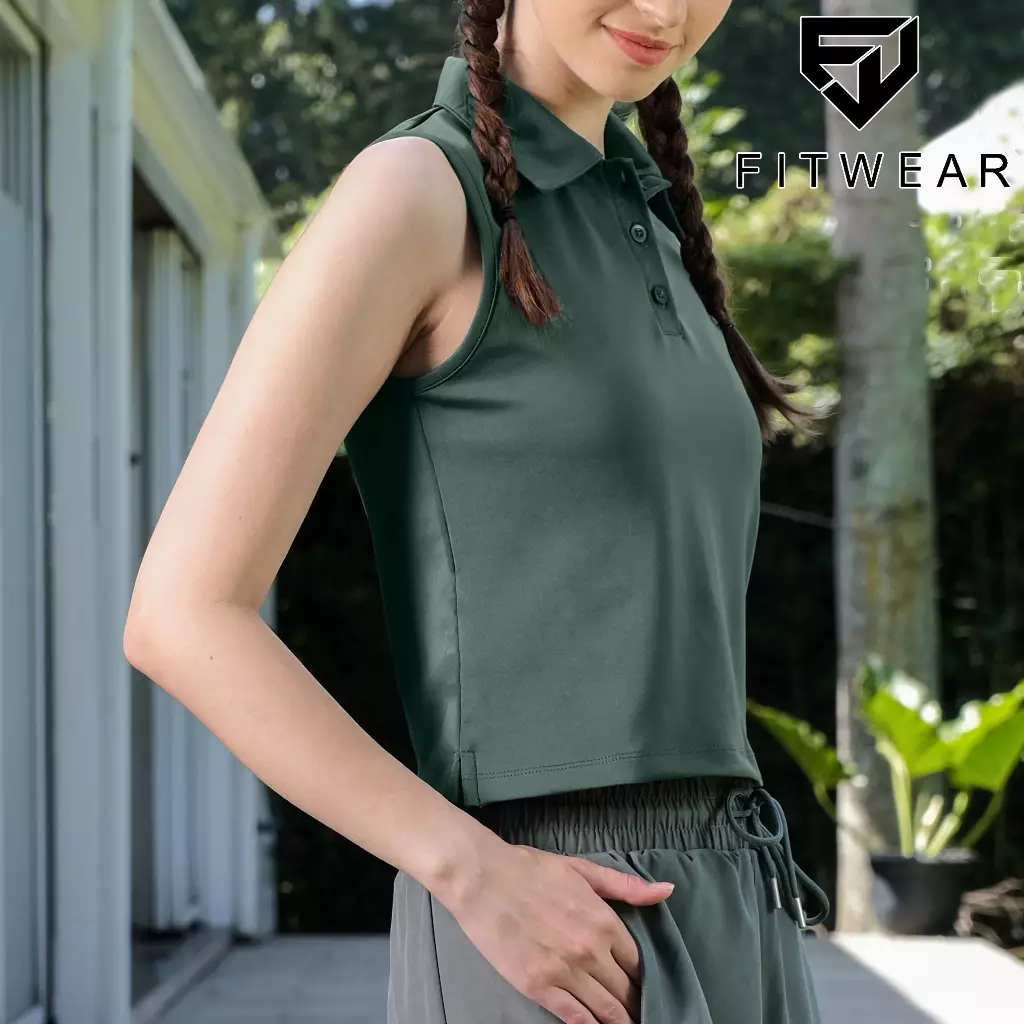 Fitwear Kaos Olahraga Padel Tennis Wanita INGRID SLEEVELESS POLO SHIRT - HUNTER GREEN