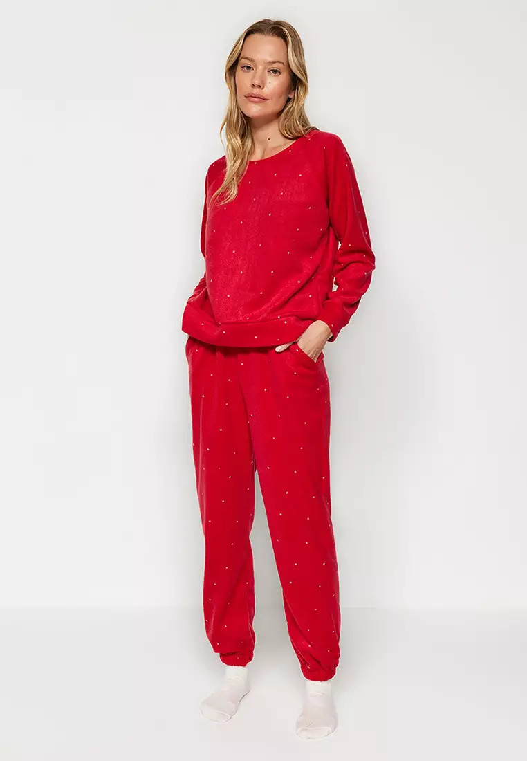Red Polka Dot Fleece Winter Knitted Pajamas Set Thmaw24Pt00032