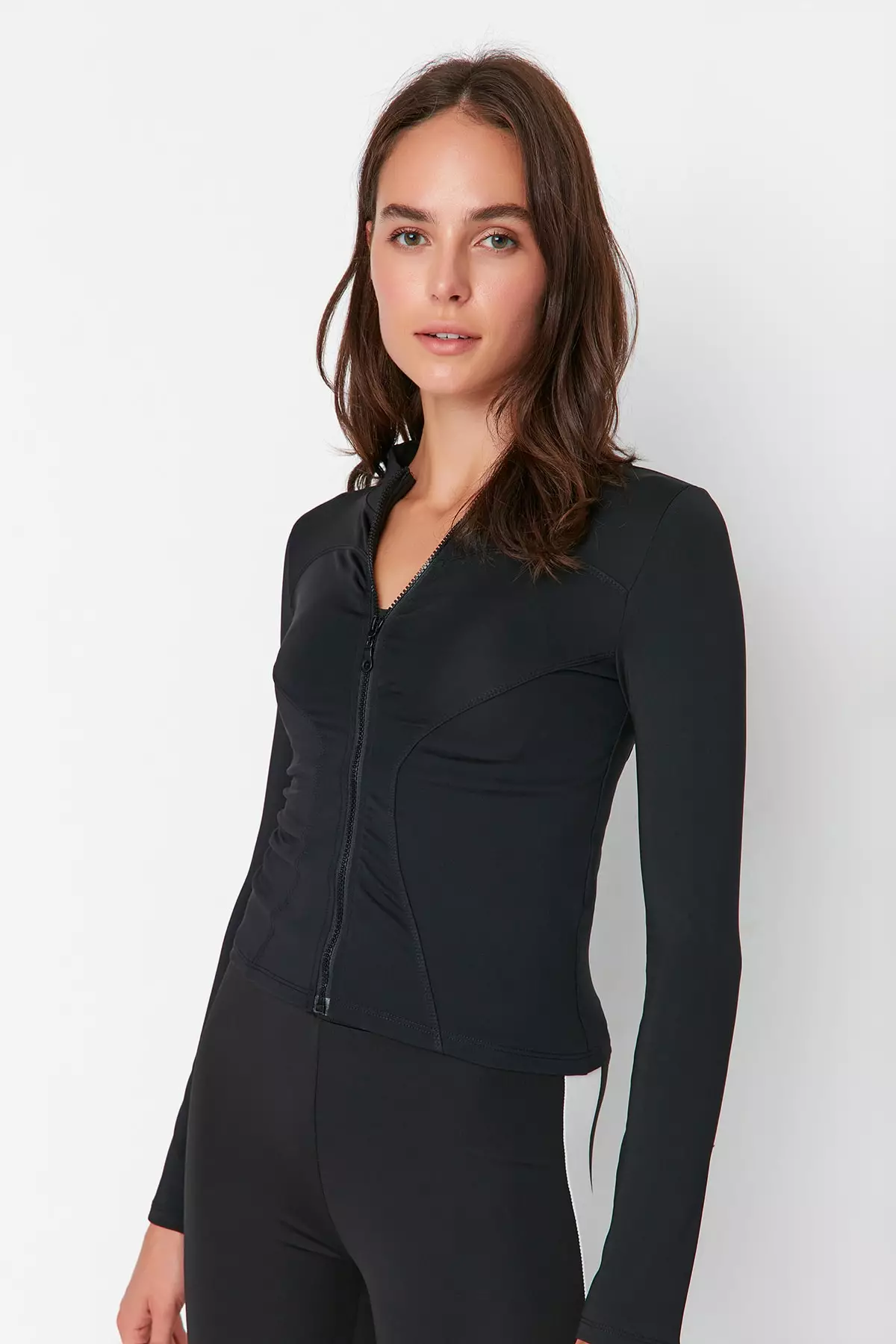 Black Body-Fitting Zip-Up Stand Collar Knitted Sports Jacket/Sweatshirt Twoaw23Bz592