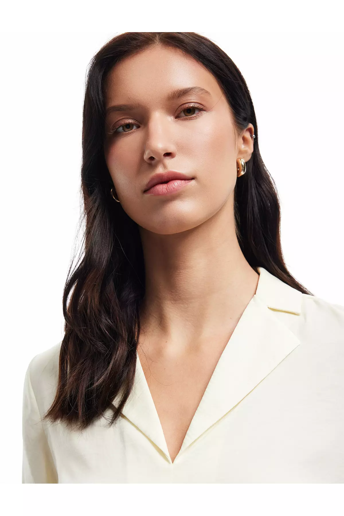 Aerobin Fabric Fleece Collar 3/4 Sleeve Satin Blouse